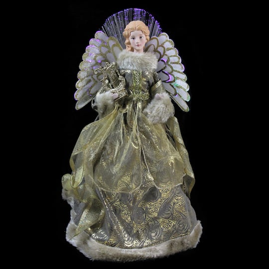 16" Gold & Brown Lighted Angel in Gown with Harp Tree Topper